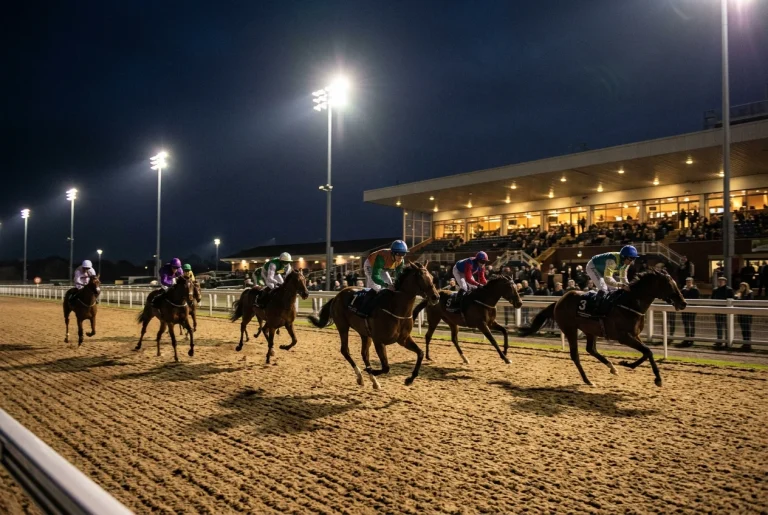 Horses racing on all-weather synthetic surface under floodlights at British evening meeting