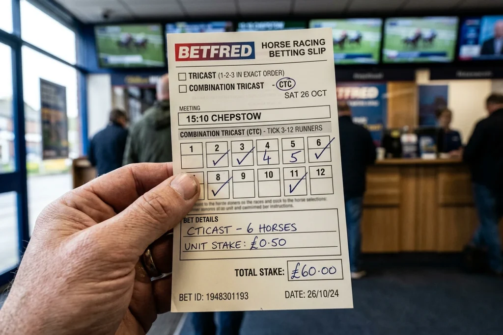 UK bookmaker betting slip showing combination tricast selections with multiple horses marked