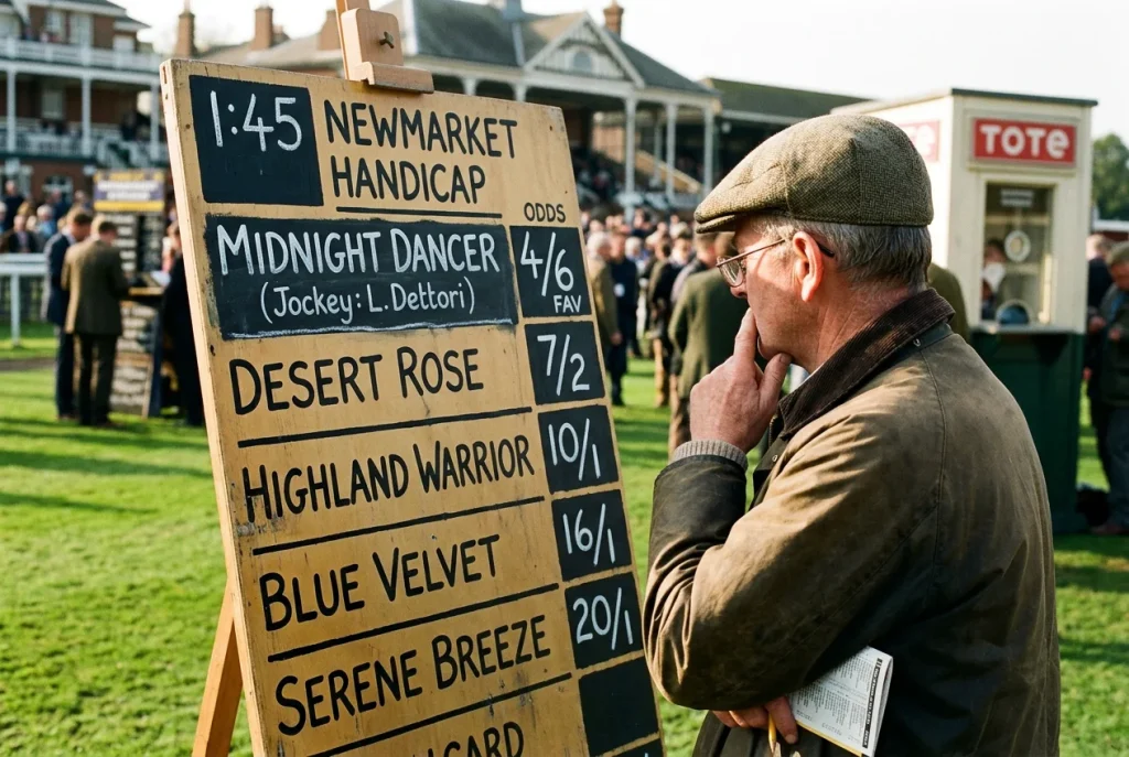 Race favourite horse with short odds displayed on bookmaker board at British racecourse