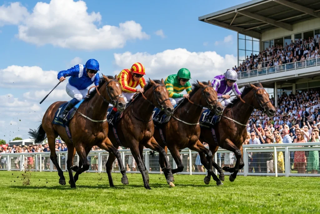 Flat racing horses in tight sprint finish on turf at a British summer meeting