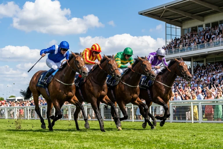 Flat racing horses in tight sprint finish on turf at a British summer meeting