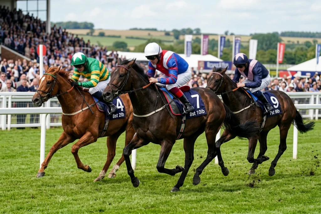 Horses carrying different weights in a UK handicap race with numbered saddle cloths visible