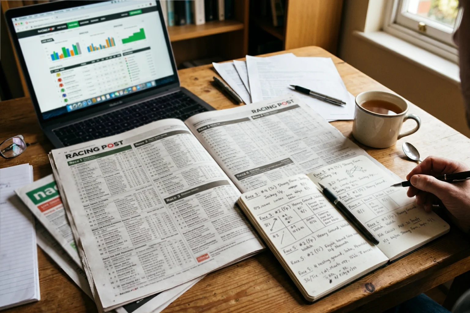 Racing form guide and newspaper being studied before placing tricast bet