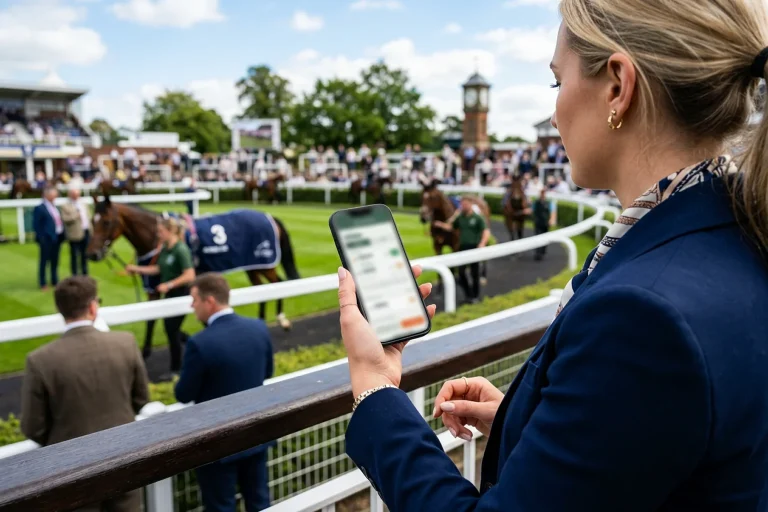 Punter checking live betting odds on smartphone at UK racecourse with horses in paddock