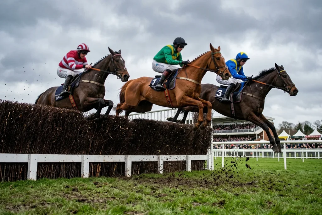 Horses jumping a fence during National Hunt steeplechase race at a British racecourse