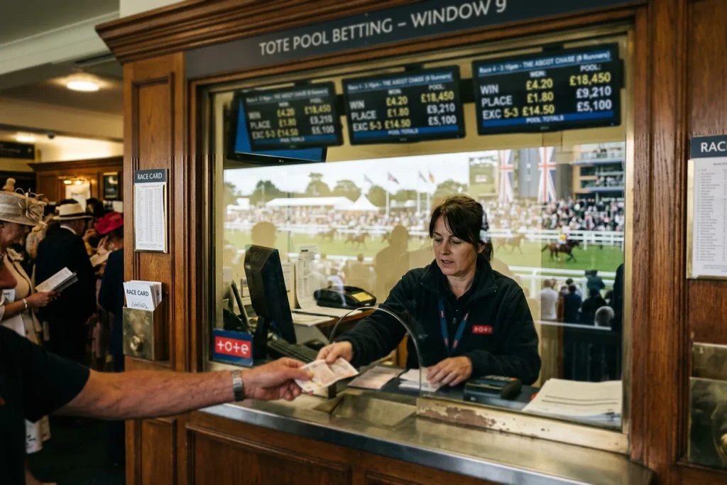 Tote betting window at a British racecourse showing pool dividend display board