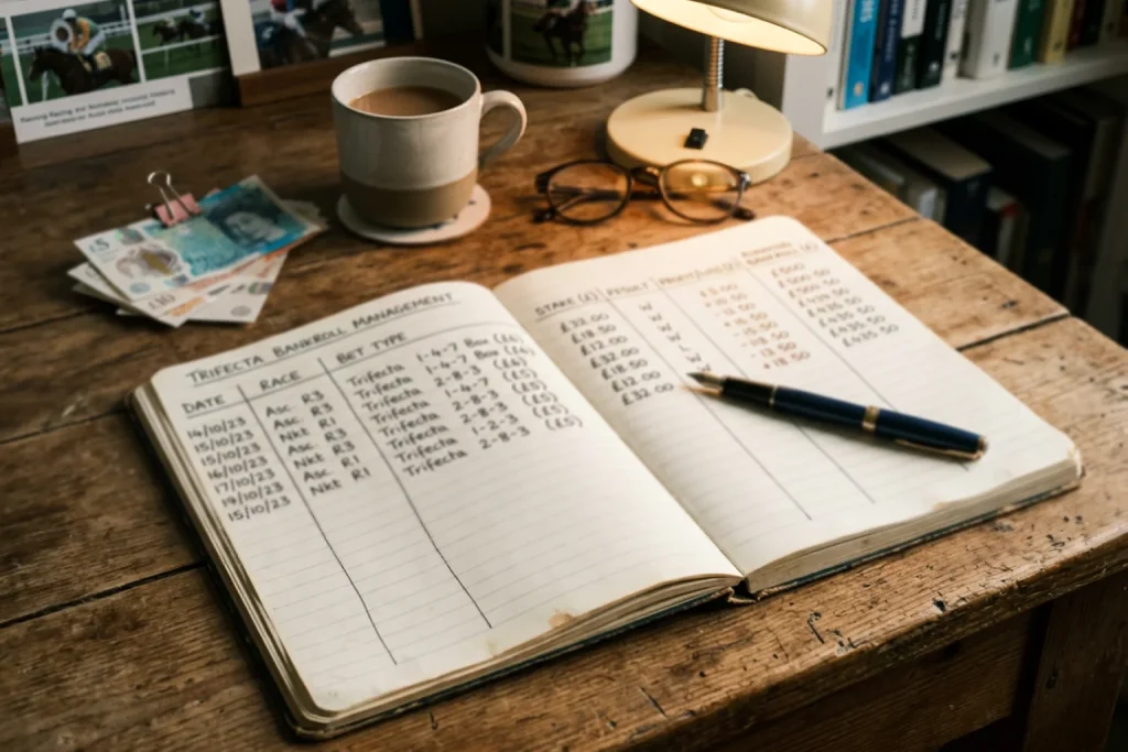 Betting bankroll record notebook with stake calculations and horse racing results