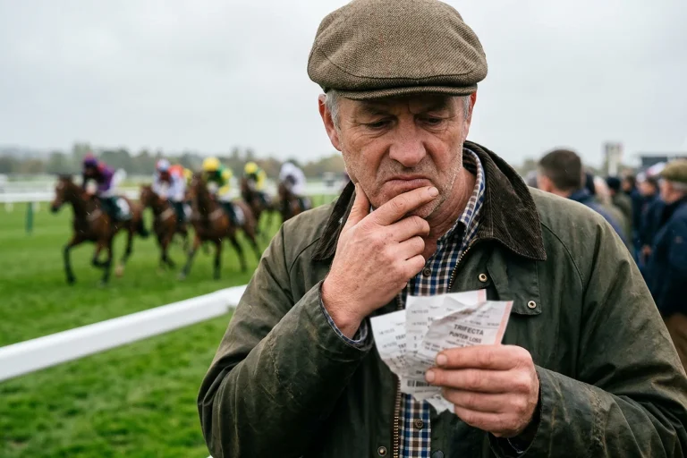 Punter holding losing betting slips at a UK racecourse with horses racing in background