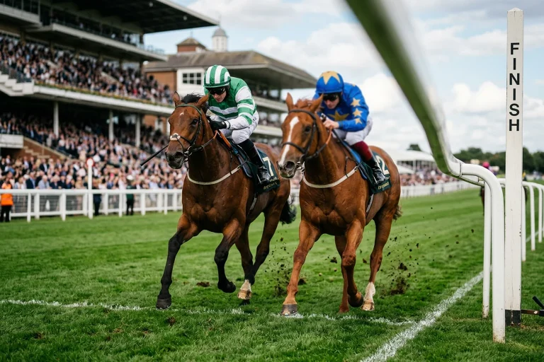 Photo finish camera capturing horses crossing the line together in a dead heat at a UK racecourse