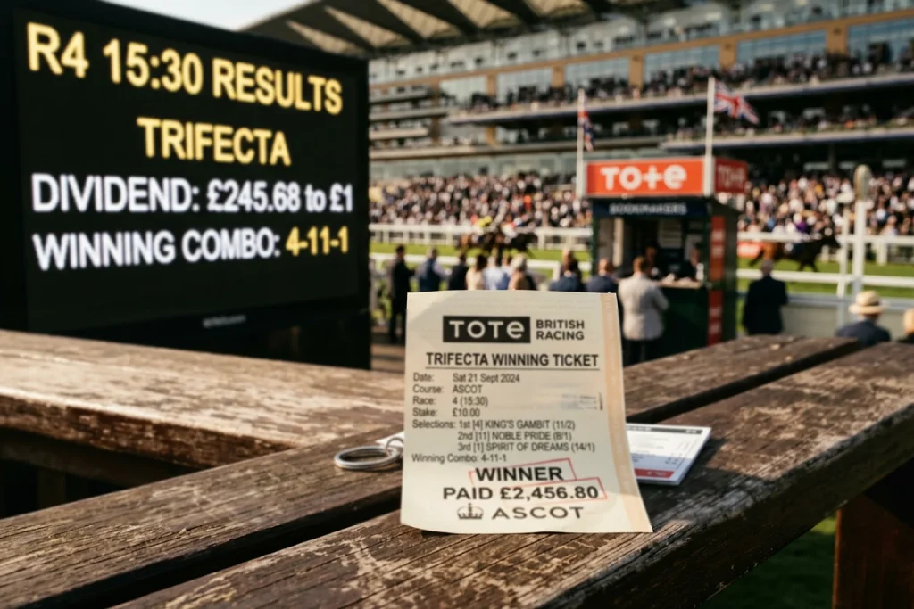 Winning trifecta betting slip next to a dividend results board at UK racecourse