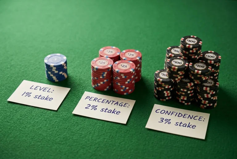 Organised betting chips representing systematic stake sizing for trifecta wagering