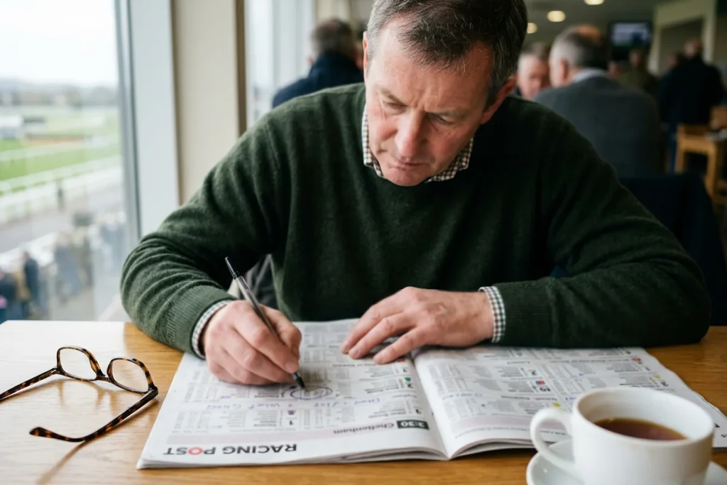 Punter studying racing form guide with pen marking selections for value betting analysis