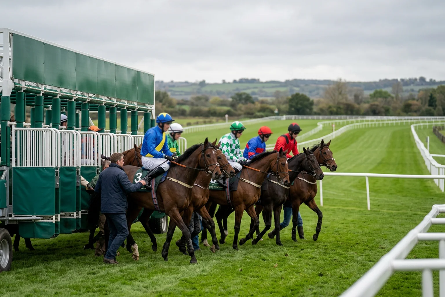 Horses loading into starting stalls at UK racecourse before handicap race