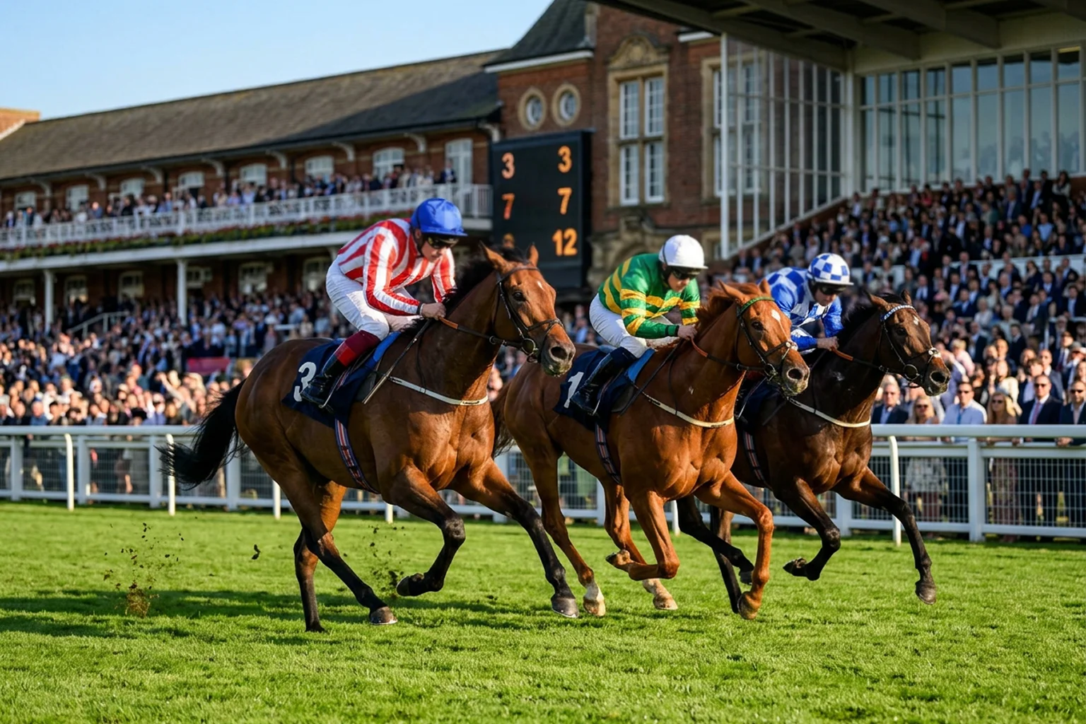 Horse racing at British racecourse with jockeys approaching the finish line