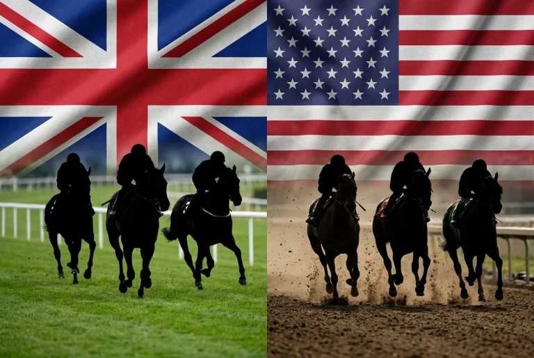 British Union Jack and American flag side by side with horse racing silhouettes representing UK vs US betting